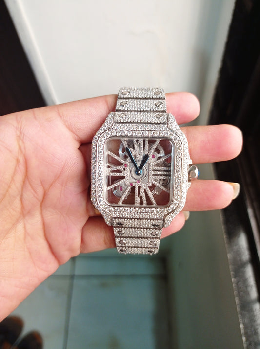 Orologio automatico da uomo in acciaio inossidabile con quadrante scheletrato e diamanti Moissanite, orologio di lusso Hip Hop fatto a mano 