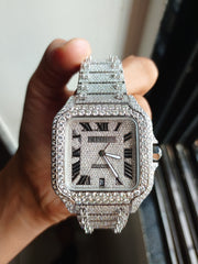 Men's Stainless Steel Iced Out Automatic Moissanite Diamond Watch with Roman Dial Handmade Hip Hop Fully Icy Bust Down Luxury Timepiece