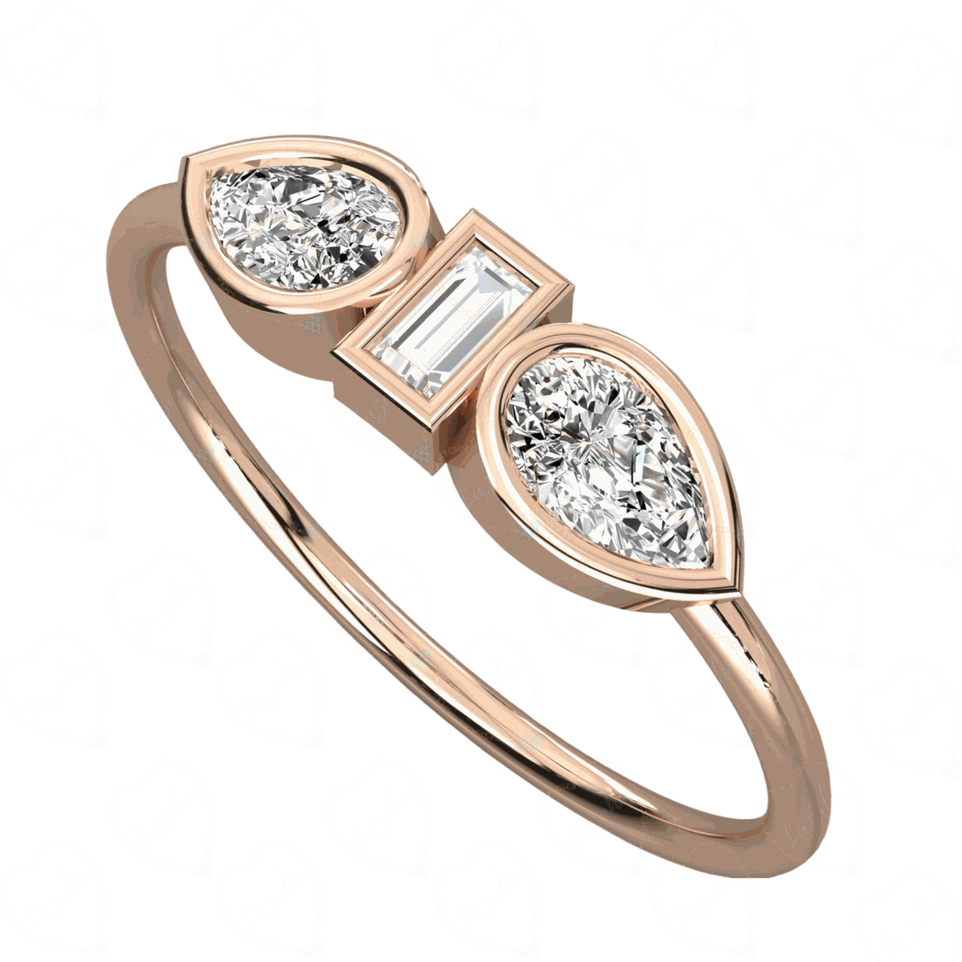 Top View 0.30 CT Baguette Cut 3 Stone Lab Grown Diamond Ring, Rose Gold Diamond Ring, 0.30 bagguet Cut Diamond Ring, Lab Grown Diamond, Luxury Diamond