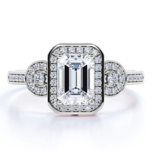 1.00 TCW Emerald Cut Halo Lab Grown Diamond Ring for Women