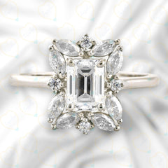 0.50 TCW Emerald Cut Halo Lab Grown Diamond Ring for Women