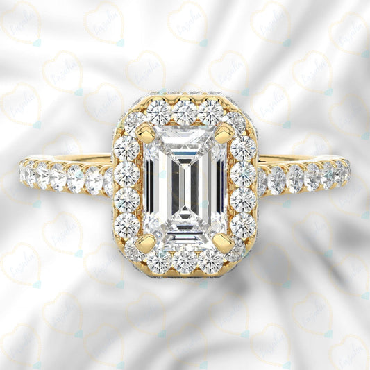 1.00 TCW Emerald Cut Hidden Halo Lab Grown Diamond Ring for Women