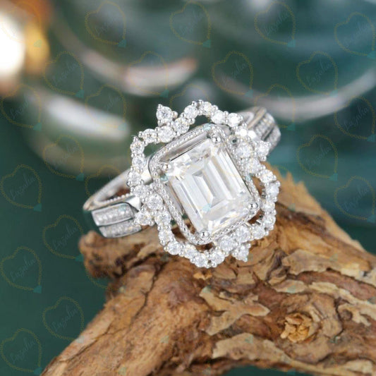 1.00 TCW Emerald Cut Halo Lab Grown Diamond Ring for Women