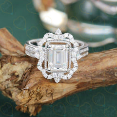 1.00 TCW Emerald Cut Halo Lab Grown Diamond Ring for Women