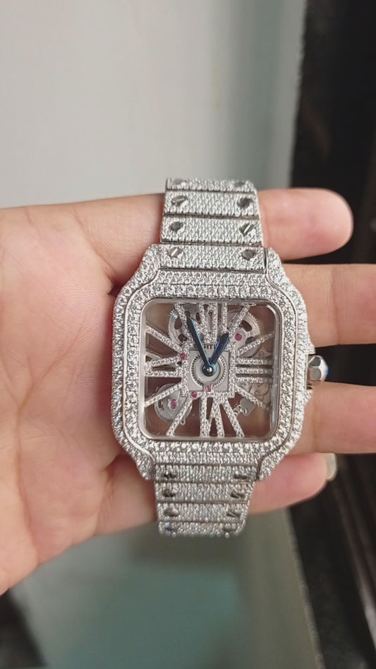 Orologio automatico da uomo in acciaio inossidabile con quadrante scheletrato e diamanti Moissanite, orologio di lusso Hip Hop fatto a mano 