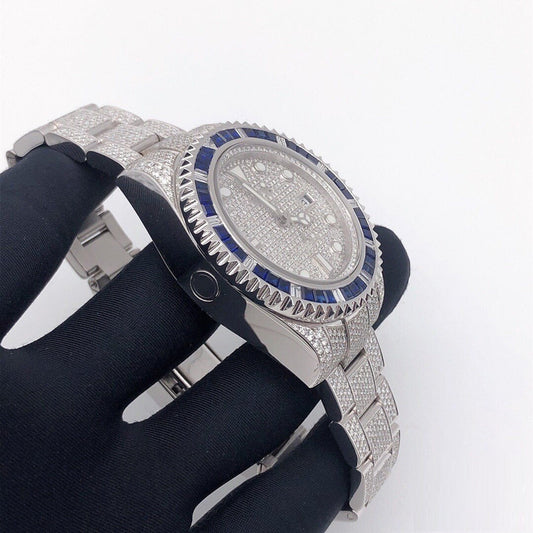 Rolex Watch fully iced out moissanite watch for anniversary gift blue sapphire bezel watch mens wrist watch