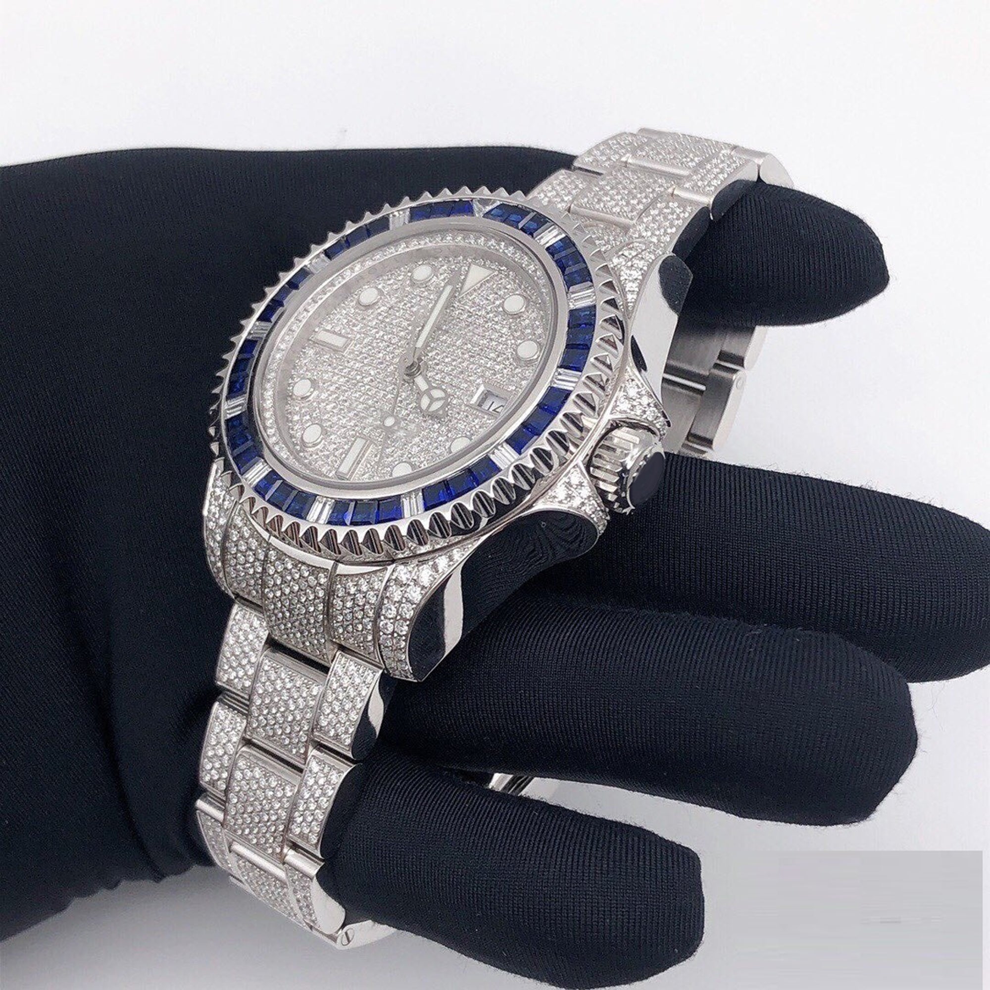 Rolex Watch fully iced out moissanite watch for anniversary gift blue sapphire bezel watch mens wrist watch