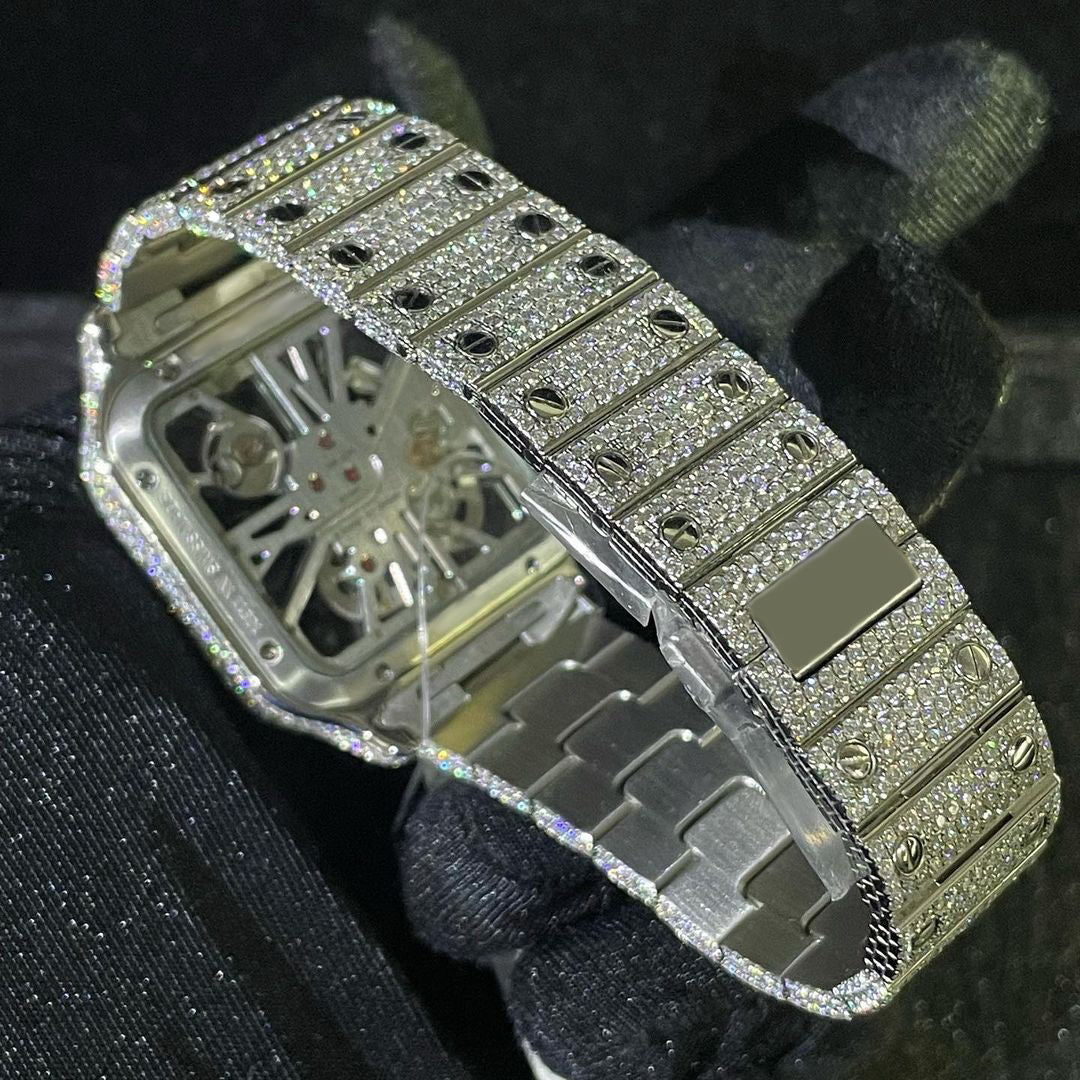 Cartier Watch stainless steel skeleton watch moissanite studded diamond watch mens wrist watch for gift