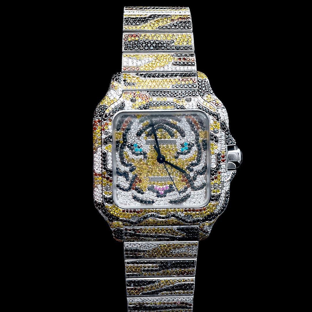 Iced Out Moissanite Watch For Men, Custom Tiger Theme Wrist Watch, Luxury Hip Hop Watch