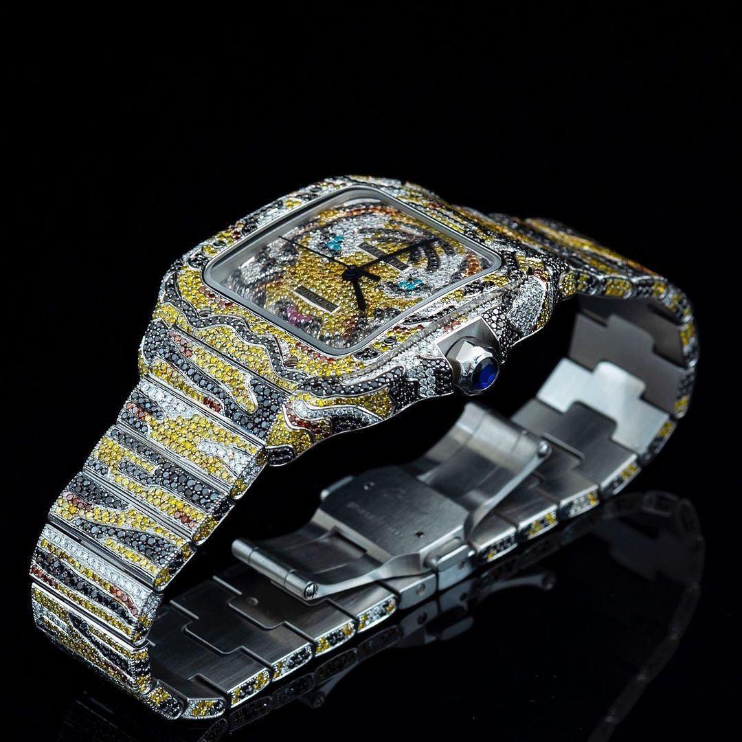 Iced Out Moissanite Watch For Men, Custom Tiger Theme Wrist Watch, Luxury Hip Hop Watch