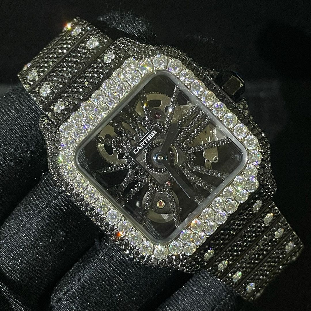 Cartier Watch iced out jet black moissanite skeleton watch stainless steel watch men hip hop watch