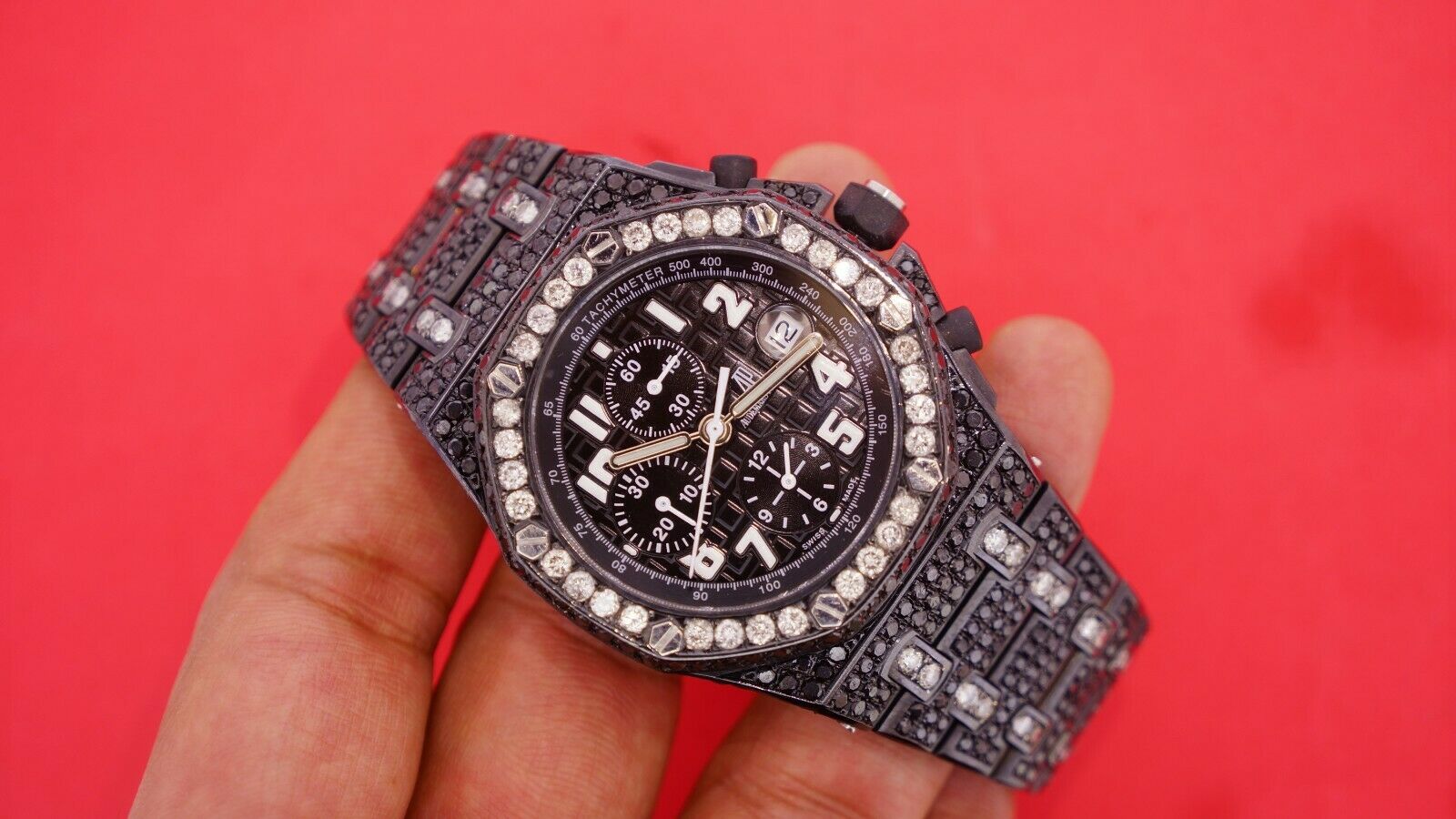 Audemars Piguet Watch chronograph iced out moissanite hip hop watch jet black diamond watch