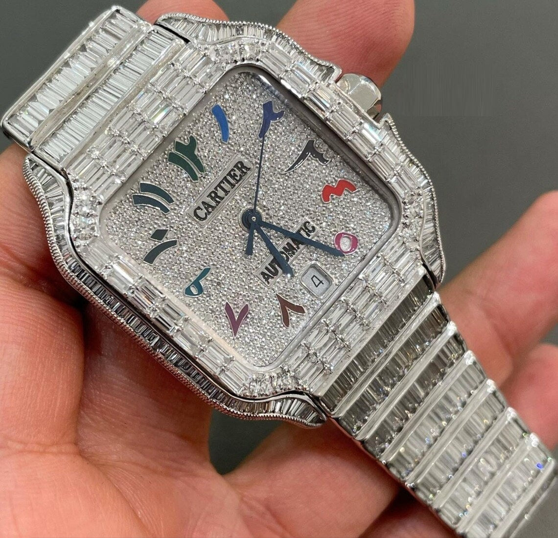 Cartier Watch automatic round cut moissanite iced out diamond watch