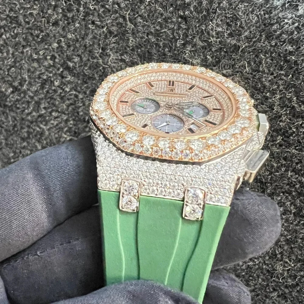 Audemars Piguet Watch handmade iced out moissanite watch men luxury wrist watch hip hop watch with green rubber strap